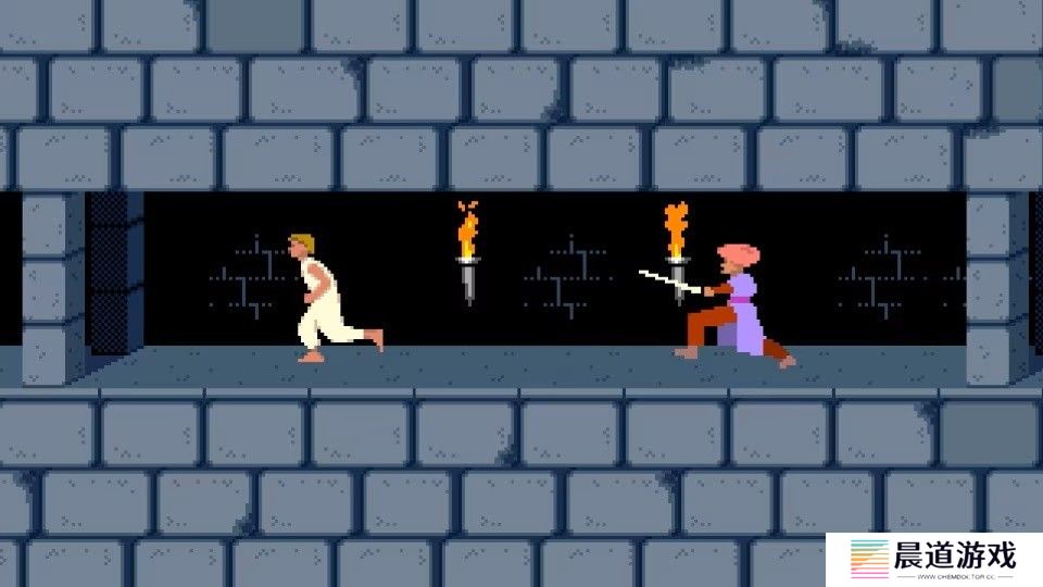 1990 年 PC 版《波斯王子》中，王子逃离一名守卫。